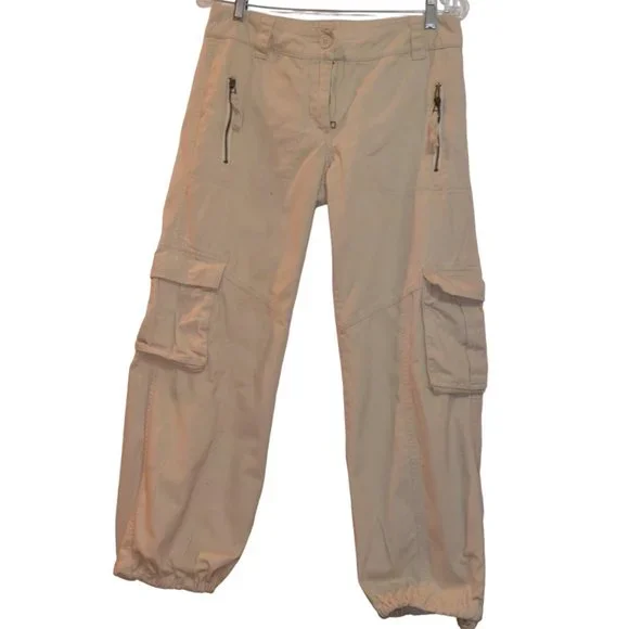 Zara TRF White Cargo Pants Low Rise Pockets Lace Bottom Women M - Picture 1 of 7